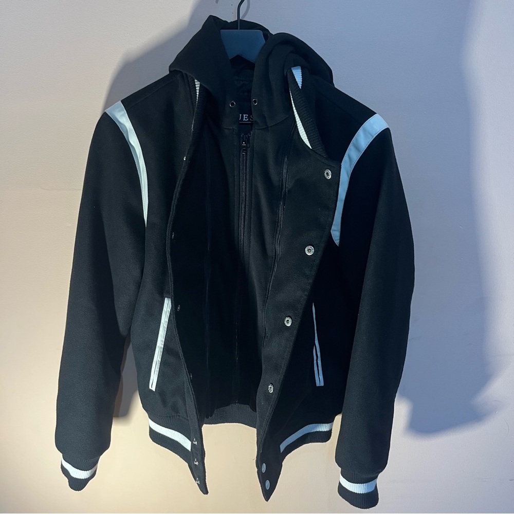 Read! GUESS Men's Wool G Varsity Letterman Bomber  Hooded Jacket Black Size S - Picture 3 of 9